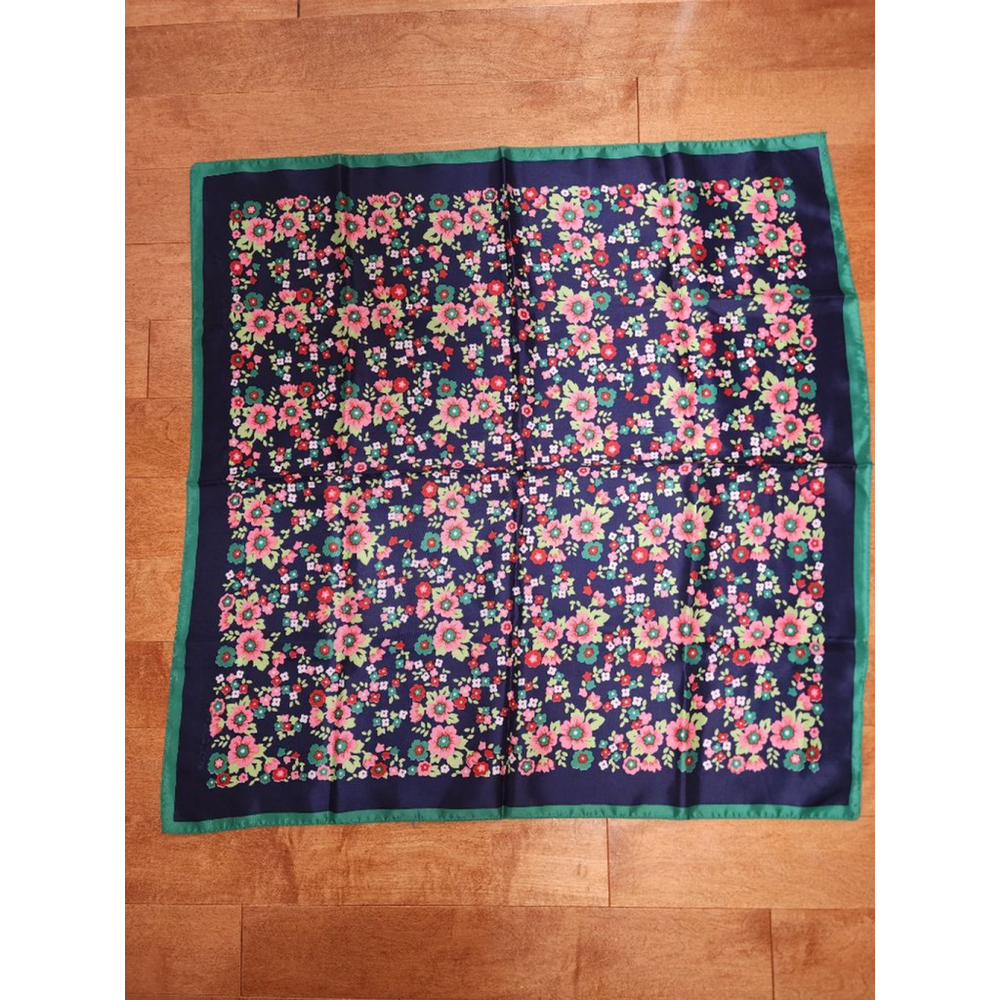 Vintage 1960's Floral Scarf Navy/Green Silk Blend 27in X 27in